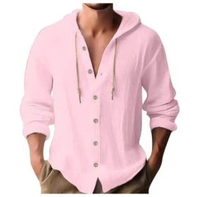 Cotton And Linen Shirt Hooded Sweater Button Long Sleeve (Option: Pink-S)