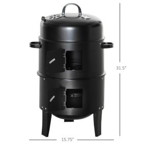 3-in-1 Vertical Charcoal BBQ Smoker Grill with 2 Cooking Areas and Thermometer (Option: Black)