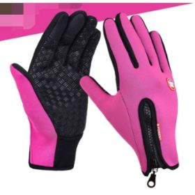 Outdoor Waterproof Gloves Touch Screen Windproof Riding Zipper Sports Winter Warm Fleece Mountaineering Gloves (Option: Rose red 2pcs-XL-Silicone)