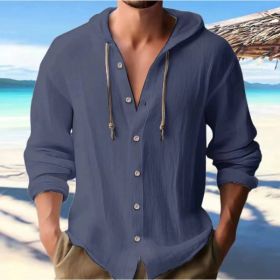 Cotton And Linen Shirt Hooded Sweater Button Long Sleeve (Option: Navy Blue-XXL)