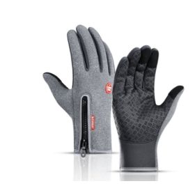 Outdoor Waterproof Gloves Touch Screen Windproof Riding Zipper Sports Winter Warm Fleece Mountaineering Gloves (Option: Grey-L-Zipper)