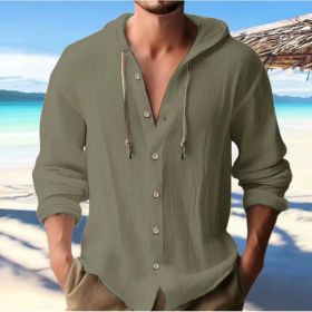 Cotton And Linen Shirt Hooded Sweater Button Long Sleeve (Option: Army Green-L)