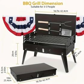 "3-in-1 Portable Charcoal Grill - Lightweight Toolbox Style Foldable BBQ for Camping Tailgating Hiking" (Color: Black)