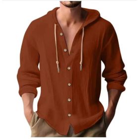 Cotton And Linen Shirt Hooded Sweater Button Long Sleeve (Option: Brick red-L)