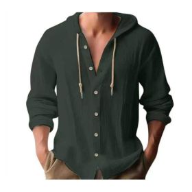 Cotton And Linen Shirt Hooded Sweater Button Long Sleeve (Option: Dark green-XXXL)