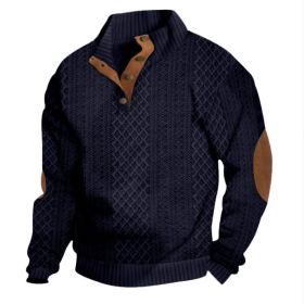 Stand Collar Long Sleeve Jacquard Knitted Pullover Sweater (Option: Navy Blue-4XL)