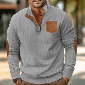 Patch Pocket Jacket Stand Collar Long Sleeve Corduroy Multicolor Hoodie (Option: Light Gray-M)