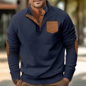 Patch Pocket Jacket Stand Collar Long Sleeve Corduroy Multicolor Hoodie (Option: Navy Blue-L)